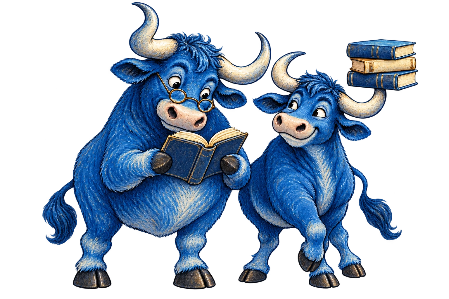 Zwei vergnügte blaue Ochsen: Einer liest mit runder Brille ein Buch, der andere balanciert einen Bücherstapel auf seinem Horn.